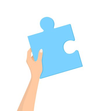 A female hand holding a blue puzzle piece on a white background. Flat vector illustration