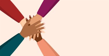People of different ethnicity putting their hands together in unity gesture on a beige background with copy space. Concept of support, cooperation and teamwork. Flat vector illustration