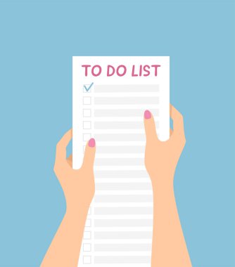 Female hands holding a long to do list on a blue background. Flat vector illustration