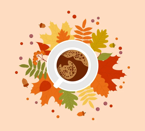 Bílý Šálek Kávy Pestrobarevnými Podzimními Listy Bobulemi Žaludy Pohled Shora — Stockový vektor