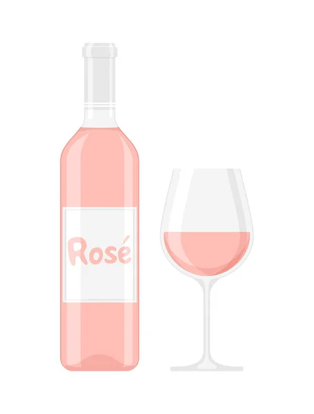 一只瓶子和一杯白底玫瑰酒 平面矢量图解 — 图库矢量图片