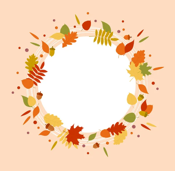 Autumn Frame Colorful Leaves Berries Acorns Flat Vector Illustration — Stock Vector