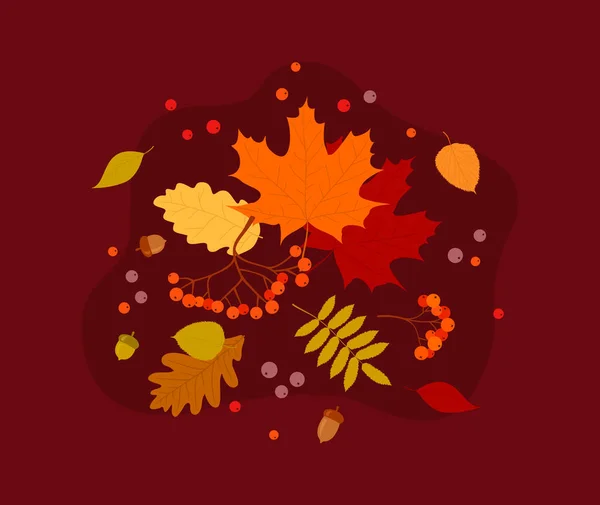 Autumn Banner Leaves Berries Acorns Burgundy Background Flat Vector Illustration — Stock Vector