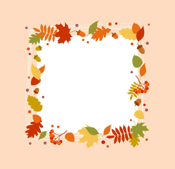 Прямоугольная Осенняя Рама Разноцветными Листьями Ягодами Желудями Плоская Векторная Иллюстрация — стоковый вектор