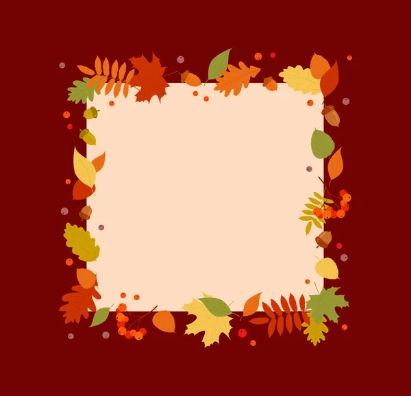 Ορθογώνιο Φθινοπωρινό Πλαίσιο Πολύχρωμα Φύλλα Μούρα Και Βελανίδια Κόκκινο Μπορντό — Διανυσματικό Αρχείο