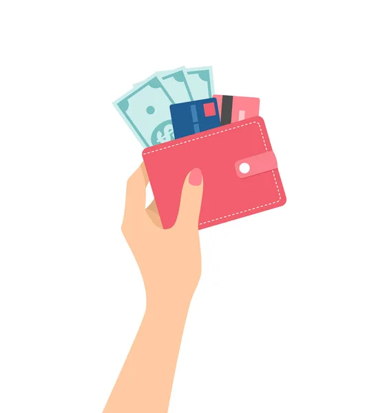 Mano Femenina Sosteniendo Billetera Roja Con Efectivo Tarjetas Crédito Aisladas — Archivo Imágenes Vectoriales
