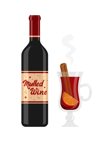 Bottiglia Vin Brulè Bicchiere Vin Brulè Caldo Preparato Con Bastoncino — Vettoriale Stock