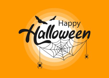 Örümcek ağı, yarasalar ve turuncu arka planda dolunay olan Cadılar Bayramı mesajınız kutlu olsun. Vektör illüstrasyonu