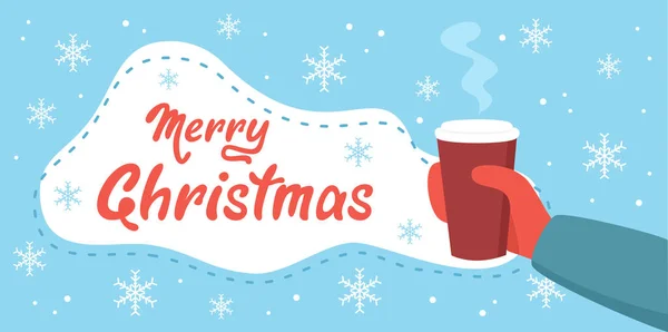 Frohe Weihnachten Grußkarte Hand Hand Hält Einen Pappbecher Mit Heißem — Stockvektor