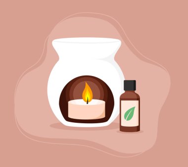 Beyaz seramik aroma lambası içinde yanan bir mum ve gerekli yağ şişesi. Düz vektör illüstrasyonu