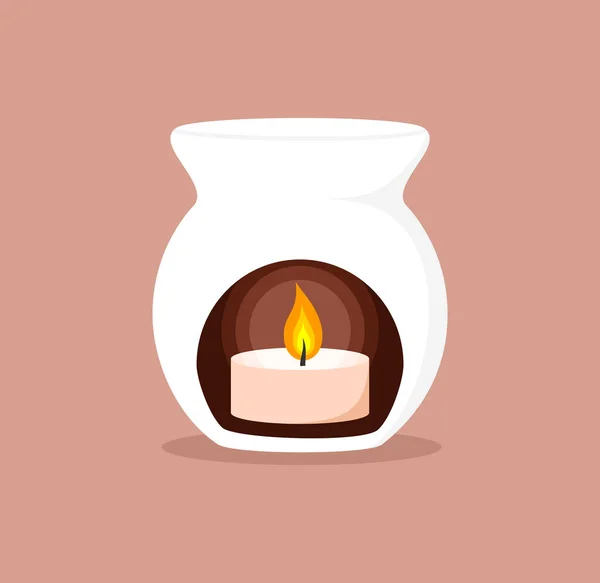 Weiße Keramik Duftlampe Mit Brennender Kerze Inneren Flache Vektorabbildung — Stockvektor