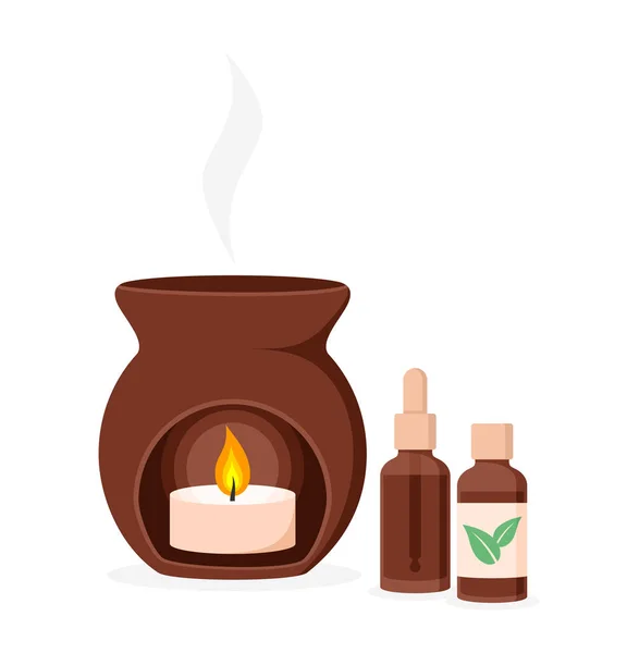 Barna Kerámia Aroma Lámpa Egy Égő Gyertya Belsejében Üveg Illóolaj — Stock Vector