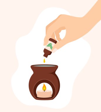 Kadın eli aromaterapi için gerekli yağı şişeden aroma lambasına damlatıyor. Düz vektör illüstrasyonu