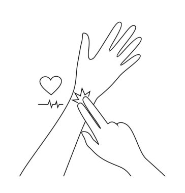 Nabzın ölçümü. Beyaz arka planda iki el, kalp ve kardiyogram. Vektör illüstrasyonu 