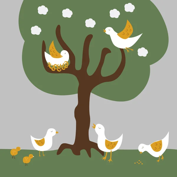 Aves bajo un árbol — Vector de stock