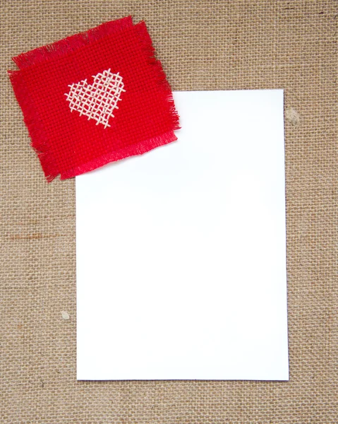 Valentine card with cross stitched heart — Stock Photo, Image