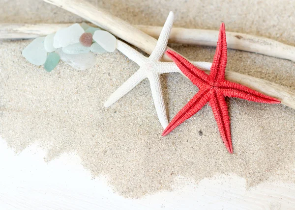 Sea glasses, starfish and wood - Tropical travel — Stock Photo, Image