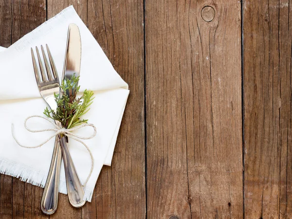 Rustic Table setting on old wooden table — Stock Photo, Image