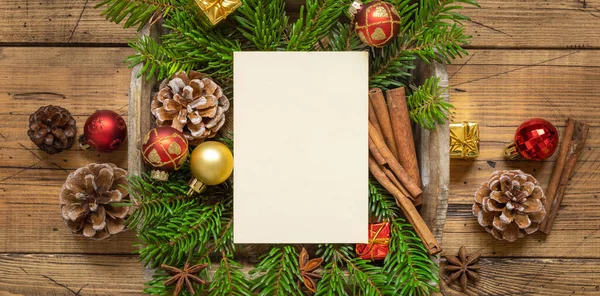 Winter Christmas Composition Blank Card Fir Branches Decorations Wooden Table — Stock Photo, Image