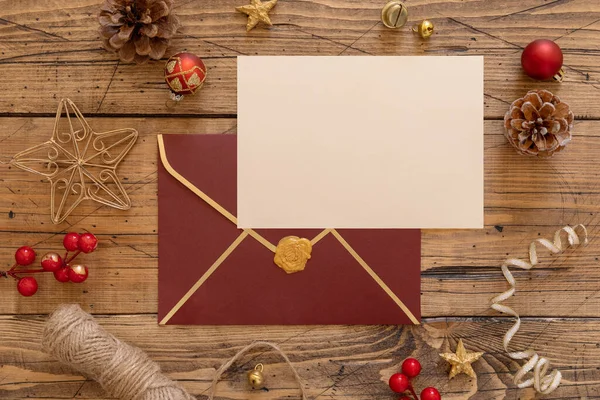 Winter Christmas Composition Blank Card Envelope Wooden Table Flat Lay — Stock Photo, Image