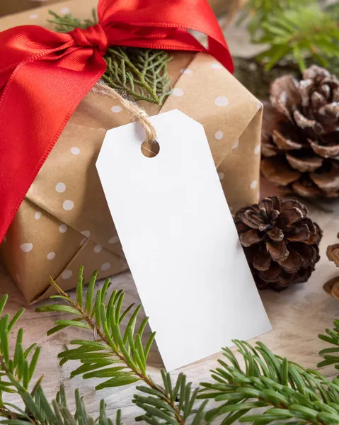クリスマスには モミの木の枝 松のコーン 休日の装飾が閉じられた紙のギフトタグでプレゼントを包んだ 空白のギフトタグ付きの素朴な冬の組成モックアップ コピースペース 閉じる — ストック写真