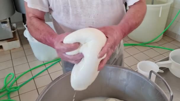 Sýrař Vyrábějící Roztažený Tvaroh Pro Výrobu Mozzarelly Caciocavalla Sýrárně Basilicata — Stock video