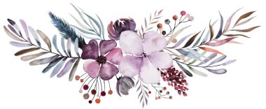 Pastel yapraklı, böğürtlenli ve çiçekli suluboya çiçekleri beyazın üzerinde. Çiçek mavisi, mor ve kırmızı düzenleme düğün kartları, tatil kırtasiyesi, el işi