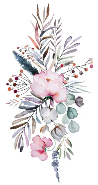 Bouquet Vertical Aquarelle Floral Hiver Avec Des Feuilles Pastel Des — Photo