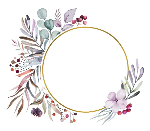 Zimní Květinový Akvarel Kruhový Rám Pastelovými Listy Bobulemi Květy Izolovanými — Stock fotografie