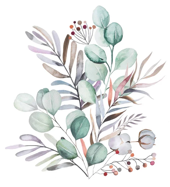 Winter Floral Watercolor Bouquet Pastel Leaves Berries Flowers Isolated White — Stock Photo, Image