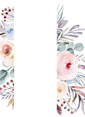 Pastel yapraklar, böğürtlenler ve beyaz üzerine izole edilmiş çiçeklerle yapılmış, kışın suluboya çerçevesi. Çiçek mavisi, mor ve kırmızı düzenleme düğün kartları, tatil kırtasiyesi, el işi
