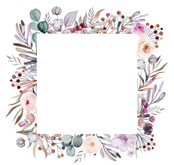 Vinter Blommig Akvarell Fyrkantig Ram Med Pastell Blommor Blad Bär — Stockfoto