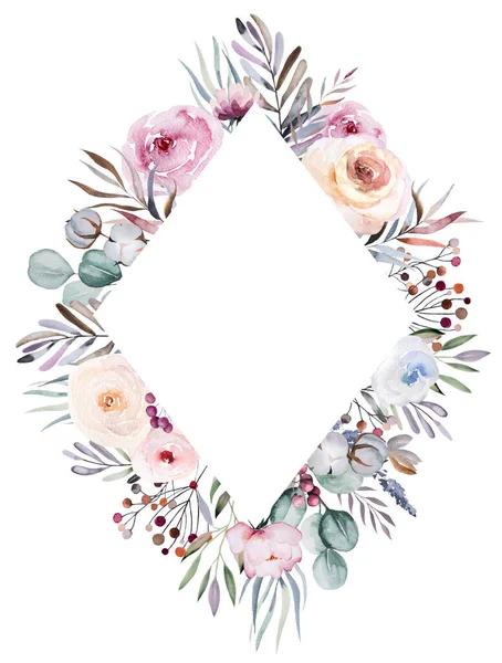 Winter Floral Watercolor Geometric Frame Pastel Leaves Berries Flowers Isolated — Stock Photo, Image