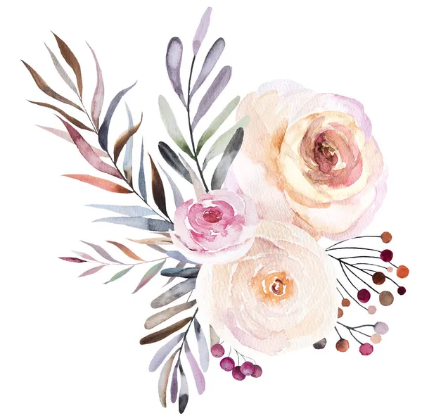 Зимний Цветочный Акварельный Букет Пастельными Листьями Ягодами Цветами Выделенными Белом — стоковое фото