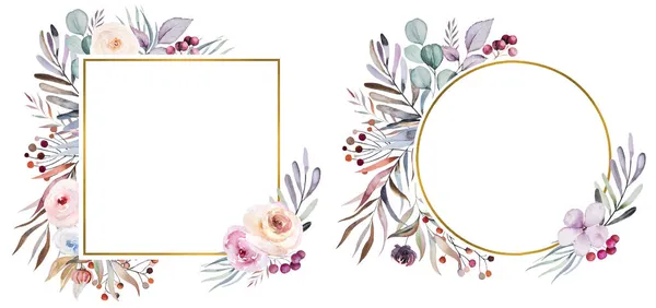 冬季花卉水彩画圆形和正方形的框架与乳酪叶 浆果和花朵隔离在白色 假日文具 手工制作的花色蓝色 紫色和红色排列 — 图库照片