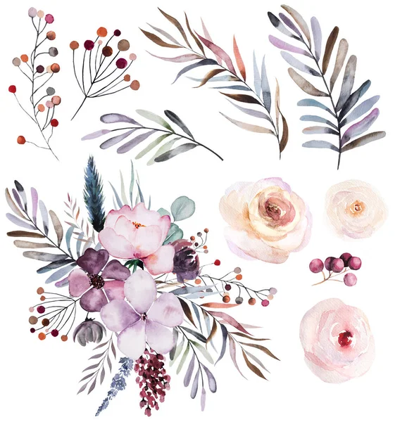겨울에 부케와 파스텔 꽃으로 단풍나무들 흰색으로 분리되어 카드를 꽃무늬 보라색 — 스톡 사진