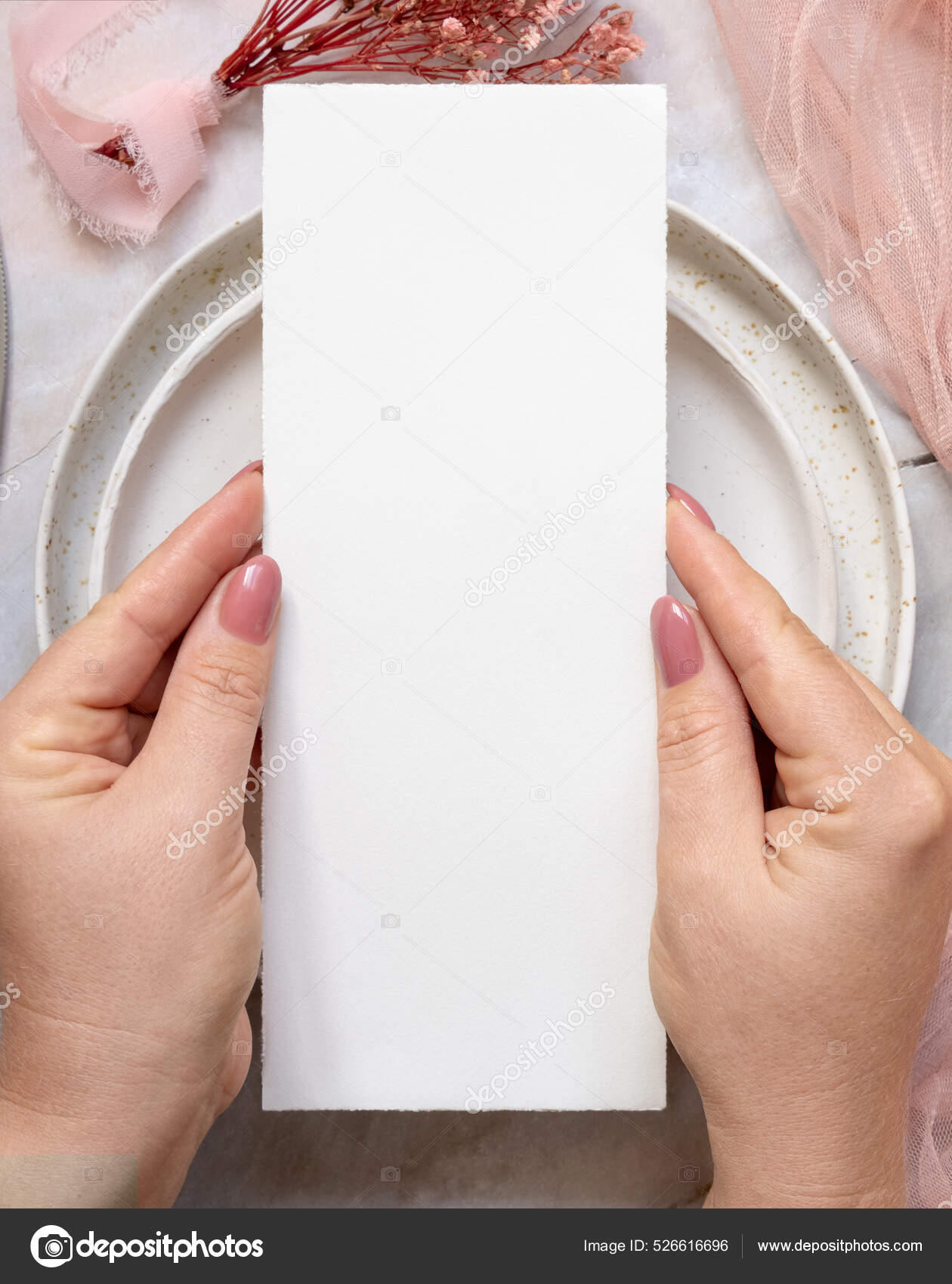 Hand Menu Card Wedding Table Place Marble Dried Pink Flowers Stock