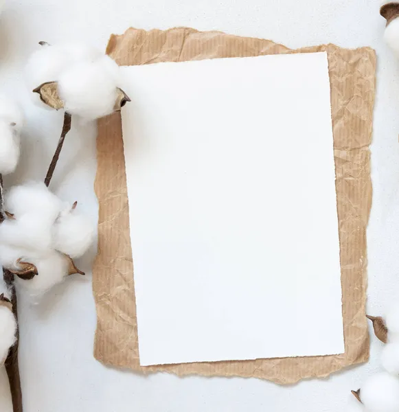 Feminine Wedding Card Mockup White Table Cotton Flowers Top View — Stock Photo, Image