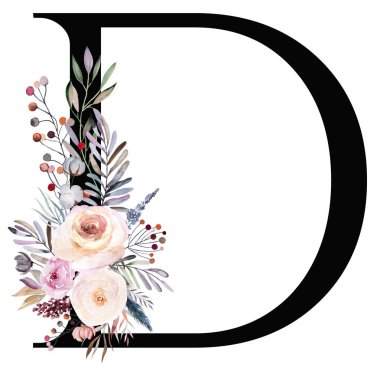 Çiçekli suluboya harf D pastel kış buketi ile süslenmiş beyaz üzerine izole edilmiş. Yaprakları, böğürtlenleri ve çiçekleri mavi, lavantası ve pembesi olan kış çiçekli mektup. Düğün dekorasyonu için alfabe elementleri, tatil kırtasiyesi, el işi.