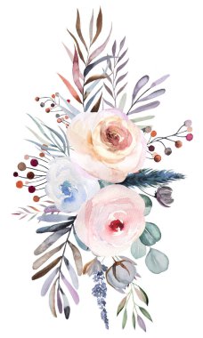 Pastel yapraklı, böğürtlenli ve çiçekli kış suluboya buketi beyaza izole edilmiş. Çiçek mavisi, mor ve pembe düğün kartları, tatil kırtasiyesi, el işi...