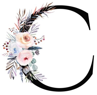 Çiçekli suluboya harf C pastel kış buketi ile süslenmiş beyaz üzerine izole edilmiş. Yaprakları, böğürtlenleri ve çiçekleri mavi, lavantası ve pembesi olan kış çiçekli mektup. Düğün dekorasyonu için alfabe elementleri, tatil kırtasiyesi, el işi.