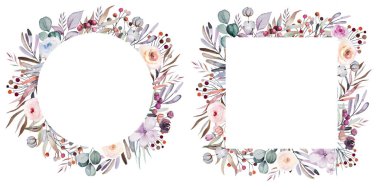 Kış çiçekli suluboya yuvarlak ve kare çerçeveli pastel yapraklar, böğürtlenler ve çiçekler beyaza izole edilmiş. Çiçek mavisi, mor ve kırmızı düzenleme düğün kartları, tatil kırtasiyesi, el işi