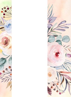 Pastel yapraklı, böğürtlenli ve suluboya arkaplanlı kış suluboya çerçevesi. Çiçek mavisi, mor ve açık pembe düzenlemeler. Düğün kartları için fotokopi sehpası, tatil kırtasiyesi, el işi.