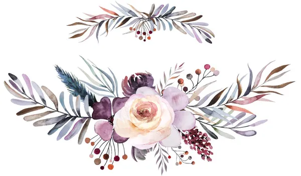冬季植物水彩花水平花束与乳酪叶 浆果和花朵隔离在白色 假日文具 手工制作的花色蓝色 紫色和红色排列 — 图库照片