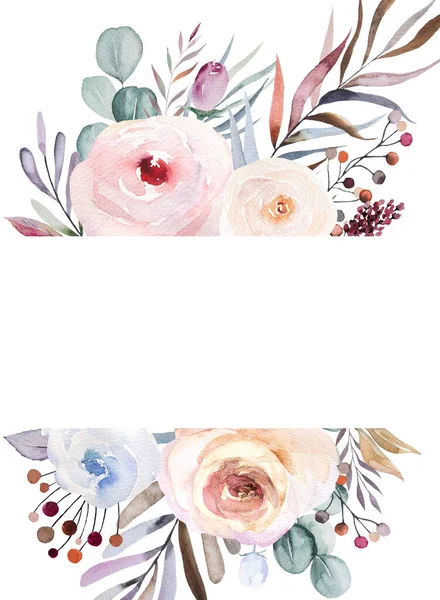 Pastel yapraklar, böğürtlenler ve beyaz üzerine izole edilmiş çiçeklerle yapılmış, kışın suluboya çerçevesi. Çiçek mavisi, mor ve kırmızı düzenleme düğün kartları, tatil kırtasiyesi, el işi