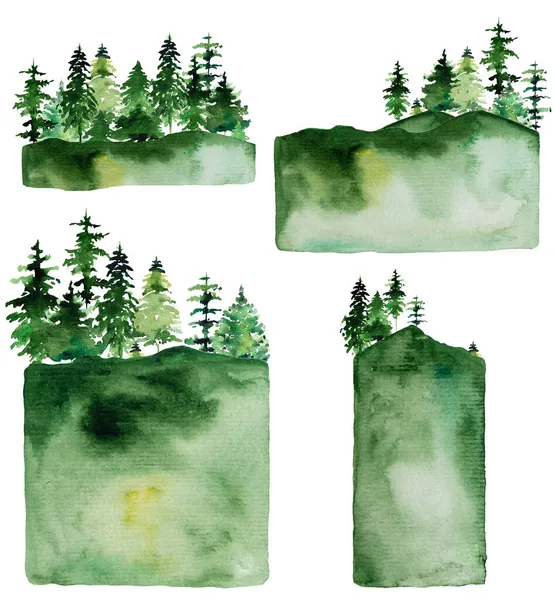 Winter Christmas Watercolor with green coniferous trees landscape isolated