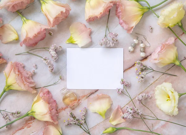 Paper Card Mockup Pink Flowers Petals Earrings Perfume Flacon Top — Stock Photo, Image