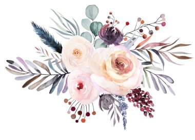 Pastel yapraklı, böğürtlenli ve çiçekli kış suluboya buketi beyaza izole edilmiş. Çiçek mavisi, mor ve pembe düğün kartları, tatil kırtasiyesi, el işi...