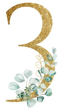 Beyaz üzerine izole edilmiş suluboya okaliptüs dallarıyla süslenmiş 3 numaralı altın parıltı. Yeşil okaliptüs yapraklı parlayan sayılar. Düğün kartları, tatil kırtasiyesi ve el işi için üç numaralı botanik.