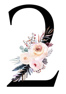 2 numaralı çiçekli suluboya pastel kış buketi ile süslenmiş beyaz üzerine izole edilmiş. Yaprakları, böğürtlenleri ve çiçekleri mavi, mor ve pembe olan kış çiçekleri. Düğün kartları, tatil kırtasiyesi ve el işi için iki numara.